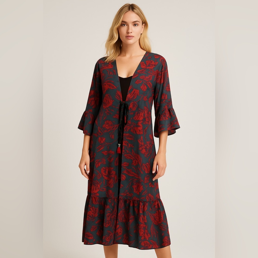 Spice Market Boho Floral Kimono Duster Teal Red Long Open Front NWT Bohemian